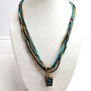 VINTAGE Seed Bead Turquoise and Gold Tone Twisted Multi Strand Pendant Necklace